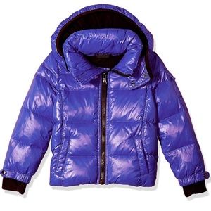 S13 Girls Purple & Black Hooded Puffer Coat Size 2